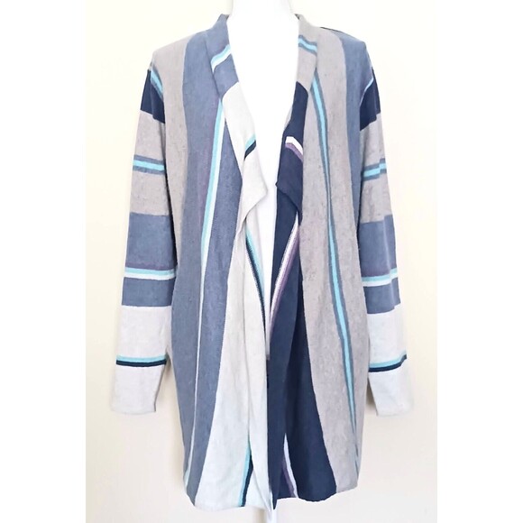 J Jill Cotton Cardigan Gray Blue Stripes Open Drape Front Pockets Sz M - Picture 3 of 7